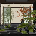 Lush Courtyard Garden With Stone Stepping Path Red Maple Tree Bamboo And Lush Greenery