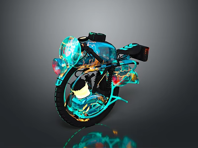 Futuristic Glowing Motorcycle With Transparent Blue Green Body And Reflective Wheels 3d model