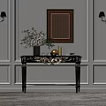 Black Console Table With Gold Accents Vase Flowers Candle Framed Painting White Wall And Sconces