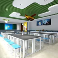 School Cafeteria Space With Green Ceiling White Lockers Long Tables And Blue Stools 3d model