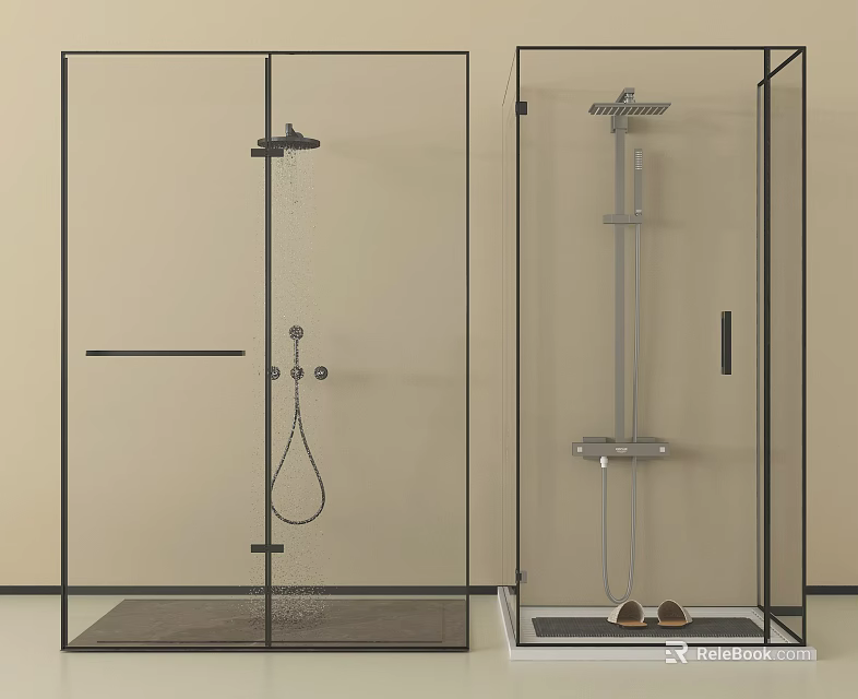 Modern Shower System with Rainfall Head Handheld Sprayer Glass Door and Slippers 3d model 