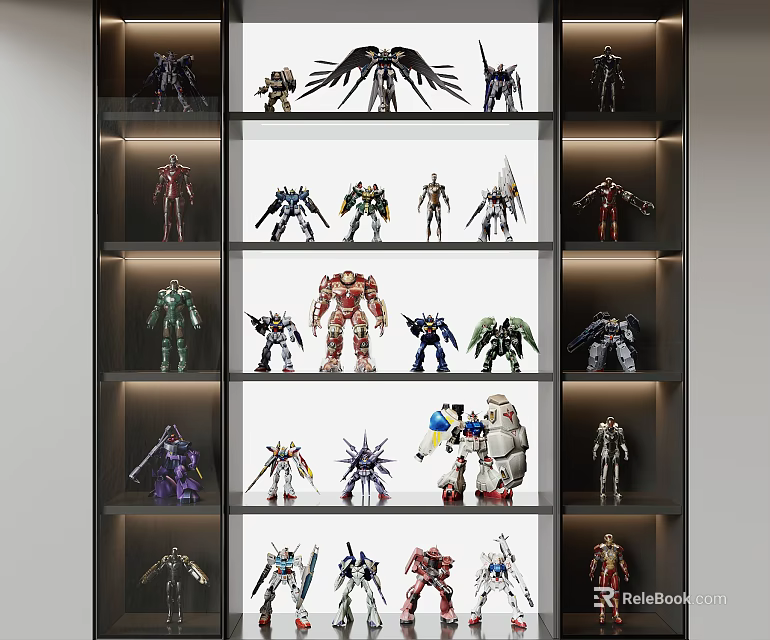 Mechanical Robot Themed Dolls Displayed On Multiple Shelves With Various Designs 3d model