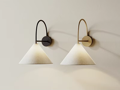 Pair of Black and Gold Modern Wall Lamps with White Conical Shades on Beige Wall 3d model