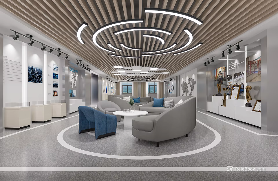 Modern Exhibition Space Interior With Wooden Strip Ceiling Circular Light Strips Sofa And Display Cabinets 3d model 