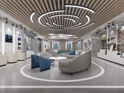 Modern Exhibition Space Interior With Wooden Strip Ceiling Circular Light Strips Sofa And Display Cabinets 3d model