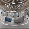 Modern Exhibition Space Interior With Wooden Strip Ceiling Circular Light Strips Sofa And Display Cabinets