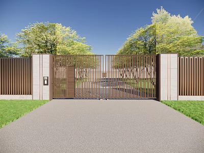 Entrance Gate With Modern Metal Grille Design Stone Walls Green Trees And Driveway 3d model