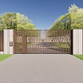 Entrance Gate With Modern Metal Grille Design Stone Walls Green Trees And Driveway
