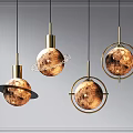 Stylish Modern Planet Shaped Pendant Lights With Moon Like Texture And Golden Metal Frames