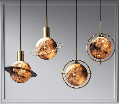 Stylish Modern Planet Shaped Pendant Lights With Moon Like Texture And Golden Metal Frames 3d model