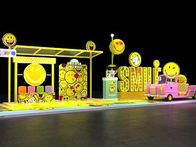 Vibrant Smiley Themed Display With Yellow Pavilion Wall Art And Pink Car 3d model