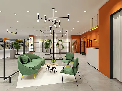 Modern Clothing Store Interior With Orange Walls Green Sofa Chairs Chandeliers And Green Plants 3d model
