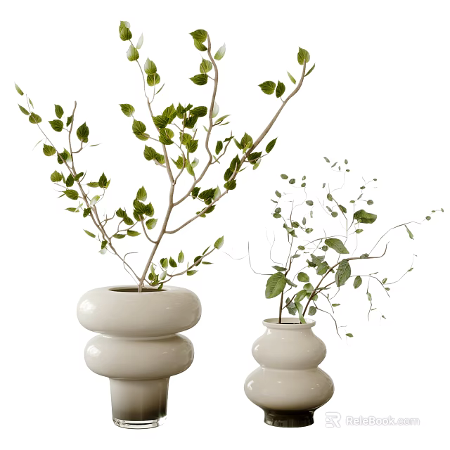 Two White Ceramic Vases With Layered Rounded Design Holding Green Foliage Branches 3d model