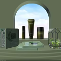 Natural Aloe Vera Cosmetic Products With Green Bottles And Elegant Display Stand