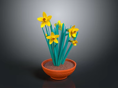 Yellow Daffodil Plant With Green Leaves In Orange Terracotta Pot On Gray Background 3d model