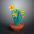 Yellow Daffodil Plant With Green Leaves In Orange Terracotta Pot On Gray Background