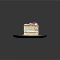 Layered Cake Slice With Cream Filling And Purple Topping On Dark Plate
