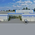 Industrial Factory Building with White Exterior Blue Stripe and Red Fire Truck Parked Outside