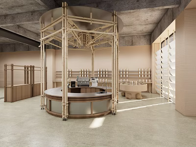 Contemporary Café Design Featuring Circular Wooden Structure Service Counter And Shelves 3d model