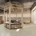 Contemporary Café Design Featuring Circular Wooden Structure Service Counter And Shelves