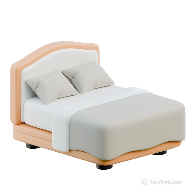 Double Bed with Light Orange Headboard White Bed Sheets and Two Gray Pillows 3d model 