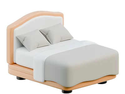 Double Bed with Light Orange Headboard White Bed Sheets and Two Gray Pillows 3d model