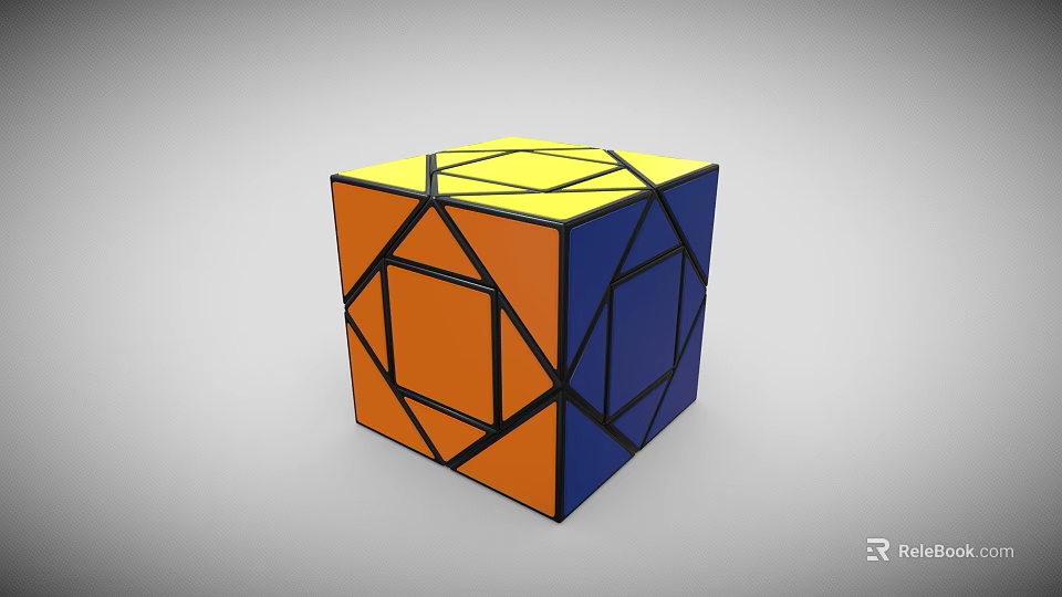 Geometric Puzzle Cube with Yellow Orange Blue Faces and Black Geometric Lines for Brain Teaser 3d model 