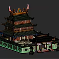 Cartoon Chinese Traditional Pagoda Scene With Green Roof Orange Decorations Curved Eaves And Stone Steps
