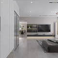 Minimalist Living and Dining Room Interior With Gray Sofa Open Kitchen And Pendant Lights