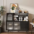 Stylish Black Sideboard With Glass Doors Drawers Topped With Coffee Machine Cups And Plants