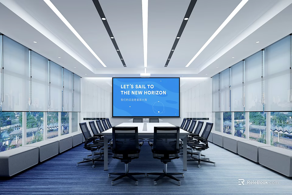 Modern Spacious Conference Room With Large Windows Scenic View Long Table And Black Office Chairs 3d model 