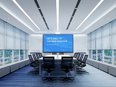 Modern Spacious Conference Room With Large Windows Scenic View Long Table And Black Office Chairs 3d model