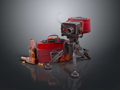 Red Mechanical Weapon with Tripod Stand Number 24 Case and Metal Parts 3d model