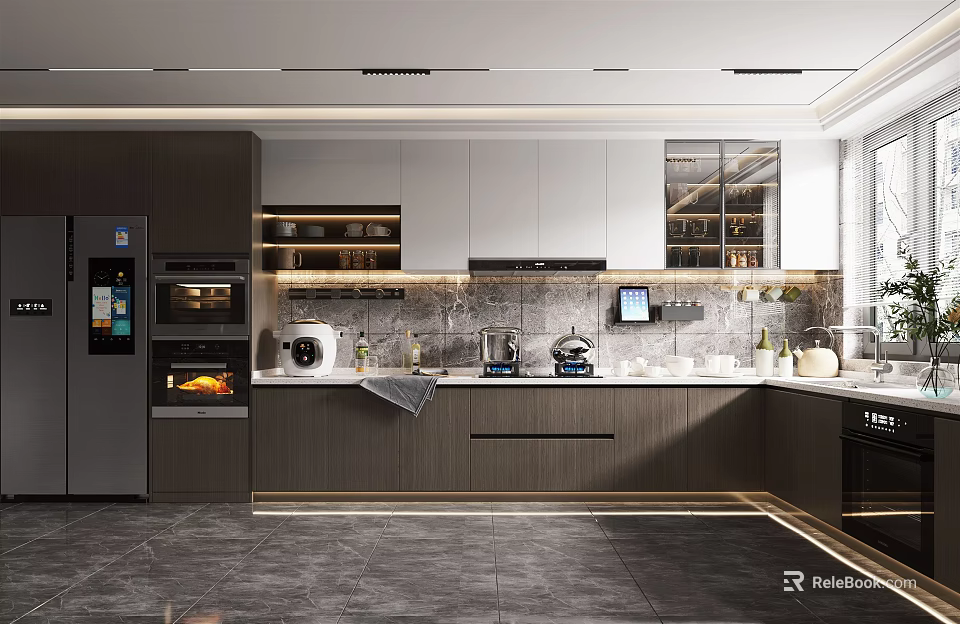 Modern Kitchen Interior With Dark Light Cabinets Integrated Appliances Stone Countertop And Under Cabinet Lighting 3d model 
