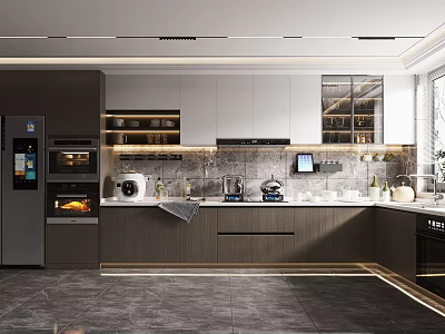 Modern Kitchen Interior With Dark Light Cabinets Integrated Appliances Stone Countertop And Under Cabinet Lighting 3d model