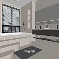 Modern Bathroom Interior With Bathtub Double Vanity Mirror And Light Walls