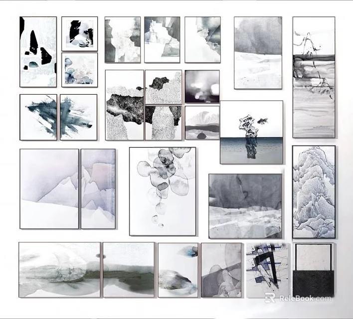 Ink Wash Style Abstract Paintings With Black White Gray Tones And Various Compositions 3d model 