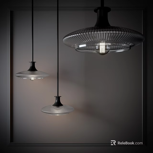 Three Modern Glass Pendant Lights With Black Base Hanging In Dark Background Emitting Soft Light 3d model