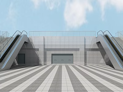 Modern Elevator Entrance With Escalators Gray White Striped Floor Metal Railings And Blue Sky 3d model