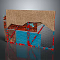 Fence 3D Model With Layered Structure Brown Top Layer Blue Panels Red Supports Metal Grid