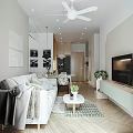 Apartment Open Concept Kitchen Dining Space With Green Cabinets Pendant Lights And Wooden Flooring