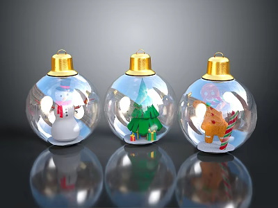Transparent Christmas Ornaments With Golden Tops And Snowman Tree Gingerbread Man Scenes 3d model