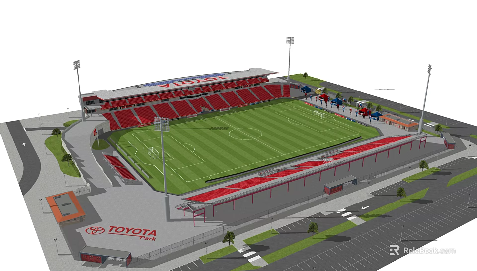 Football Stadium With Red Stands Green Pitch Floodlights And Toyota Branding 3d model 