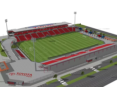 Football Stadium With Red Stands Green Pitch Floodlights And Toyota Branding 3d model