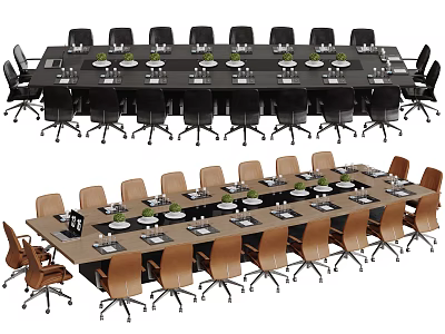 Black and Brown Conference Table Setup With Chairs White Plates And Green Decorations 3d model