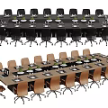 Black and Brown Conference Table Setup With Chairs White Plates And Green Decorations