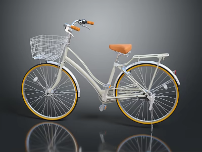White Bicycle With Wire Front Basket Orange Seat Handlebar Grips And Yellow Rims 3d model