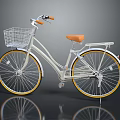 White Bicycle With Wire Front Basket Orange Seat Handlebar Grips And Yellow Rims