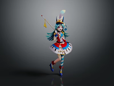 Game Anime Character With Blue Hair Feathered Hat And Magic Staff In Colorful Dress 3d model
