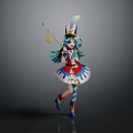 Game Anime Character With Blue Hair Feathered Hat And Magic Staff In Colorful Dress